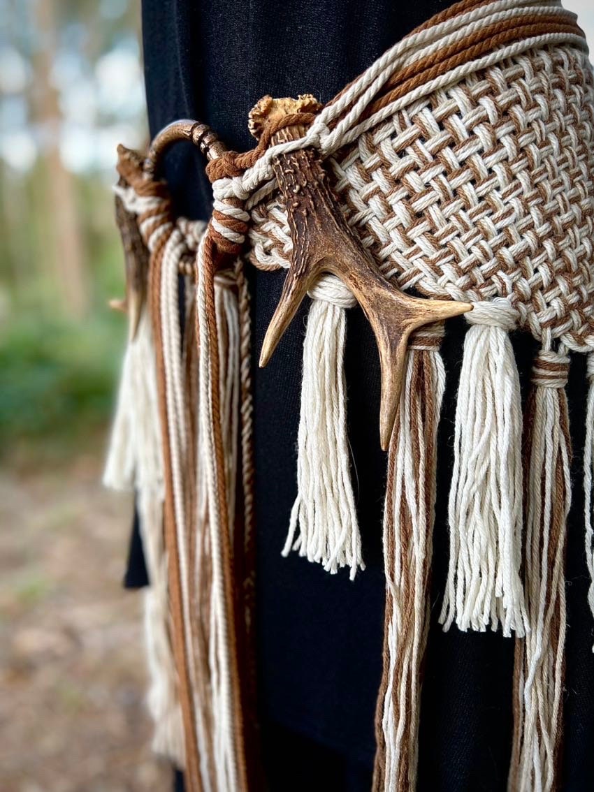 Harvest Witch Shawl Set, Nordic Shaman Shawl: Norse Belt, Vegan Antler Amulet