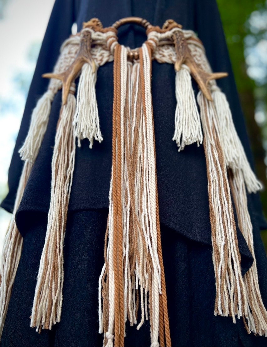 Harvest Witch Shawl Set, Nordic Shaman Shawl: Norse Belt, Vegan Antler Amulet