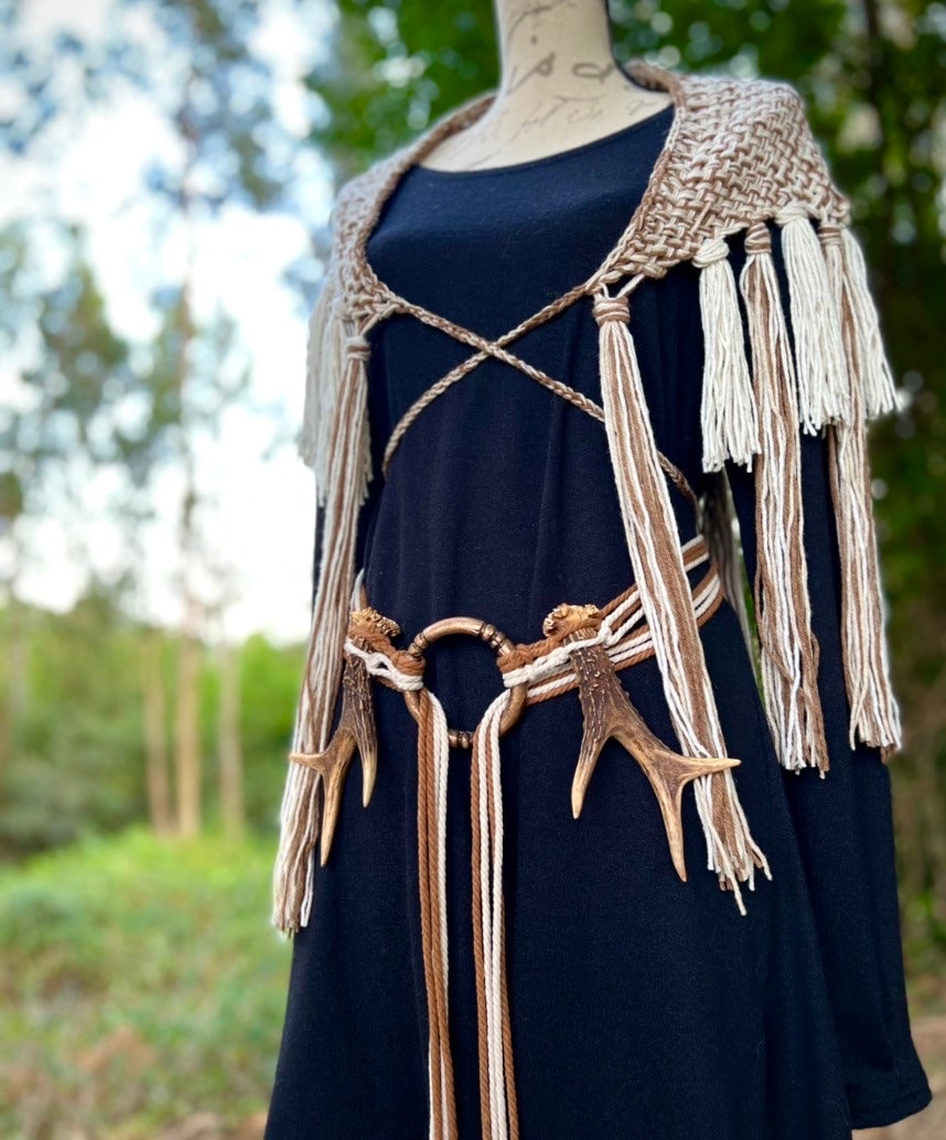 Harvest Witch Shawl Set, Nordic Shaman Shawl: Norse Belt, Vegan Antler Amulet