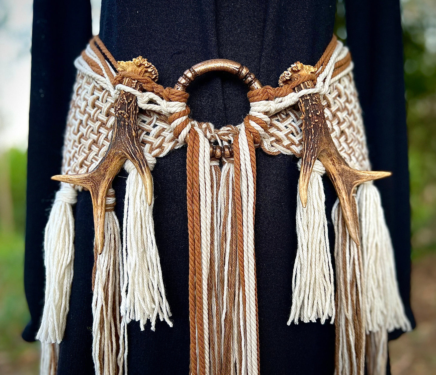 Harvest Witch Shawl Set, Nordic Shaman Shawl: Norse Belt, Vegan Antler Amulet