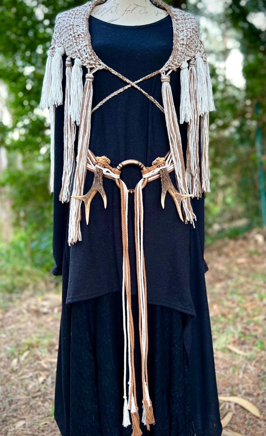 Harvest Witch Shawl Set, Nordic Shaman Shawl: Norse Belt, Vegan Antler Amulet