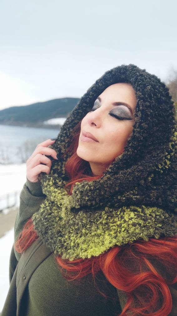 Handmade Mossy Green Witch Hood: Wool Blend Oversized Pagan Hood