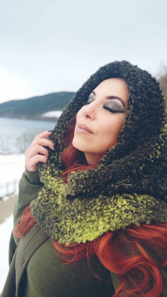 Handmade Mossy Green Witch Hood: Wool Blend Oversized Pagan Hood