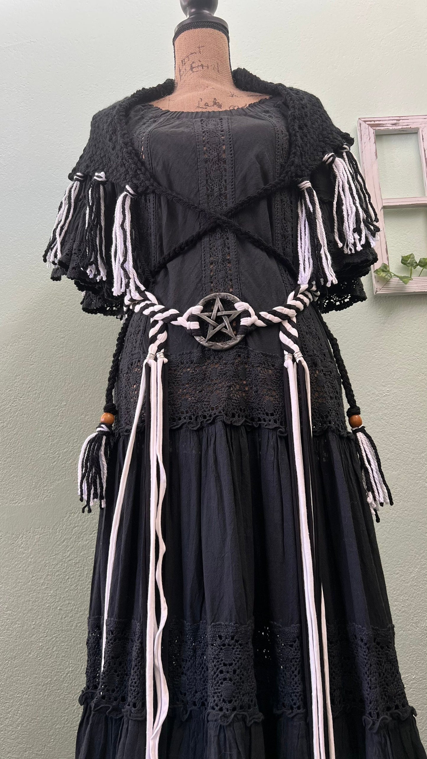 Handwoven Shawl and Pentagram Amulet Belt, Gothic Witch Set