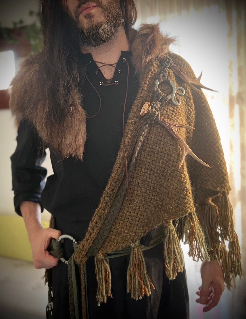 Norse Witch Shawl: Viking Wrap with Nordic Amulet Belt, Big Handwoven Shawl,