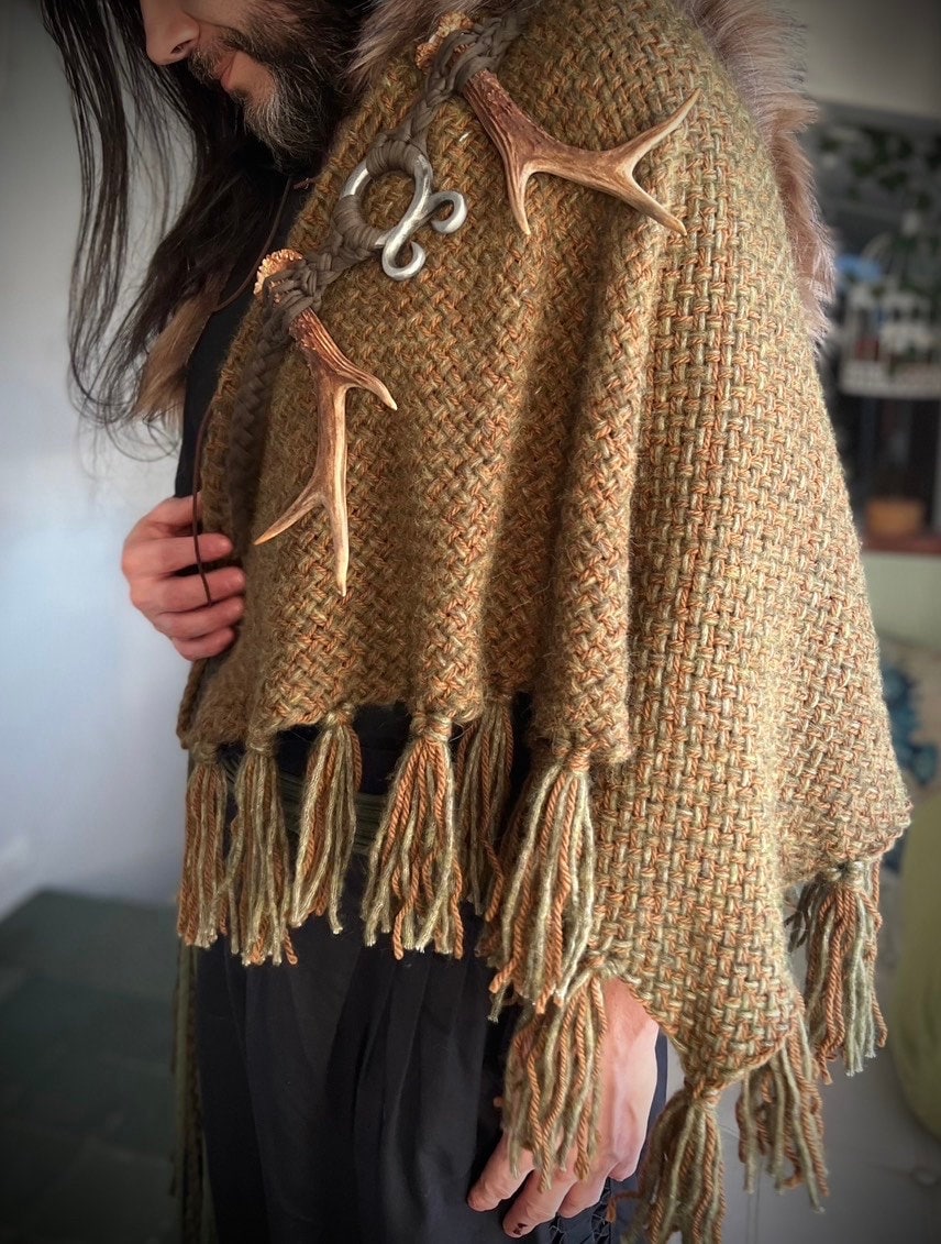 Norse Witch Shawl: Viking Wrap with Nordic Amulet Belt, Big Handwoven Shawl,