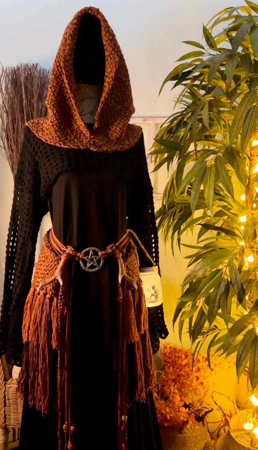 Handwoven Norse Witch Hood & Shawl, Chemise, Belt, Shrug and Skirt, Autumn Witch Full Outfit