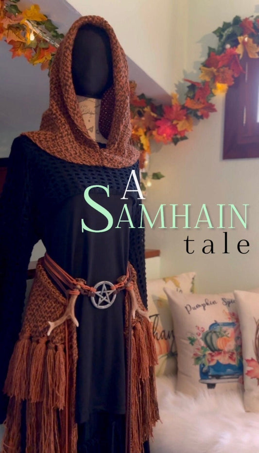 Handwoven Norse Witch Hood & Shawl, Chemise, Belt, Shrug and Skirt, Autumn Witch Full Outfit