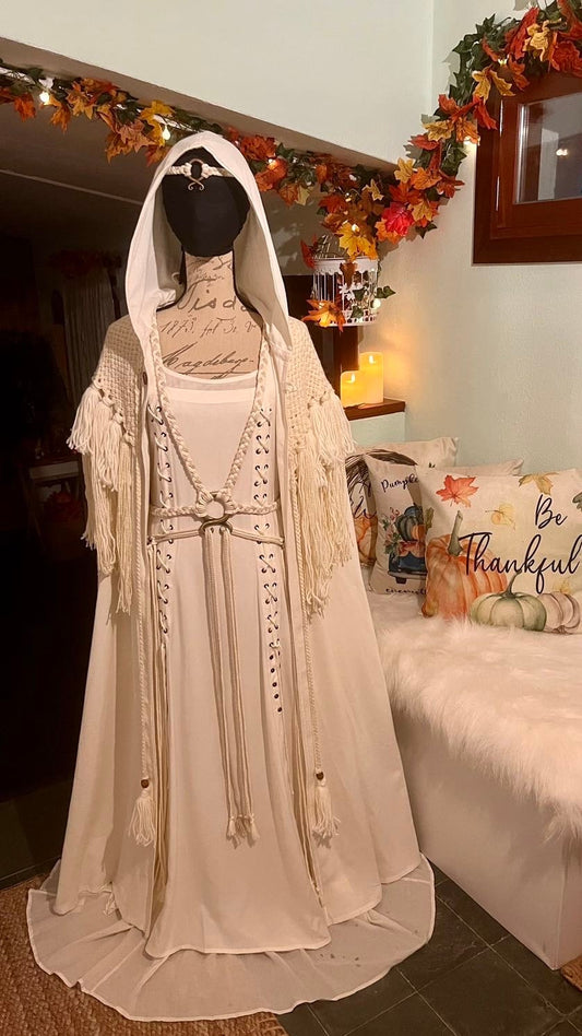 Custom Norse Wedding Set for Michelle,  Dress + Underdress+ Belt +Cotton Cloak + Woven Shawl and White fur mantle
