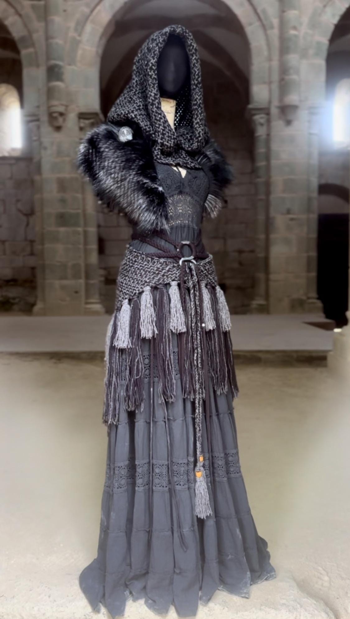 Custom order for Laura
Shaman Shawl  Corvus Corax Luna belt braided & Matching Norse Big Hood in the New Chunky style, Corvus Corax colors