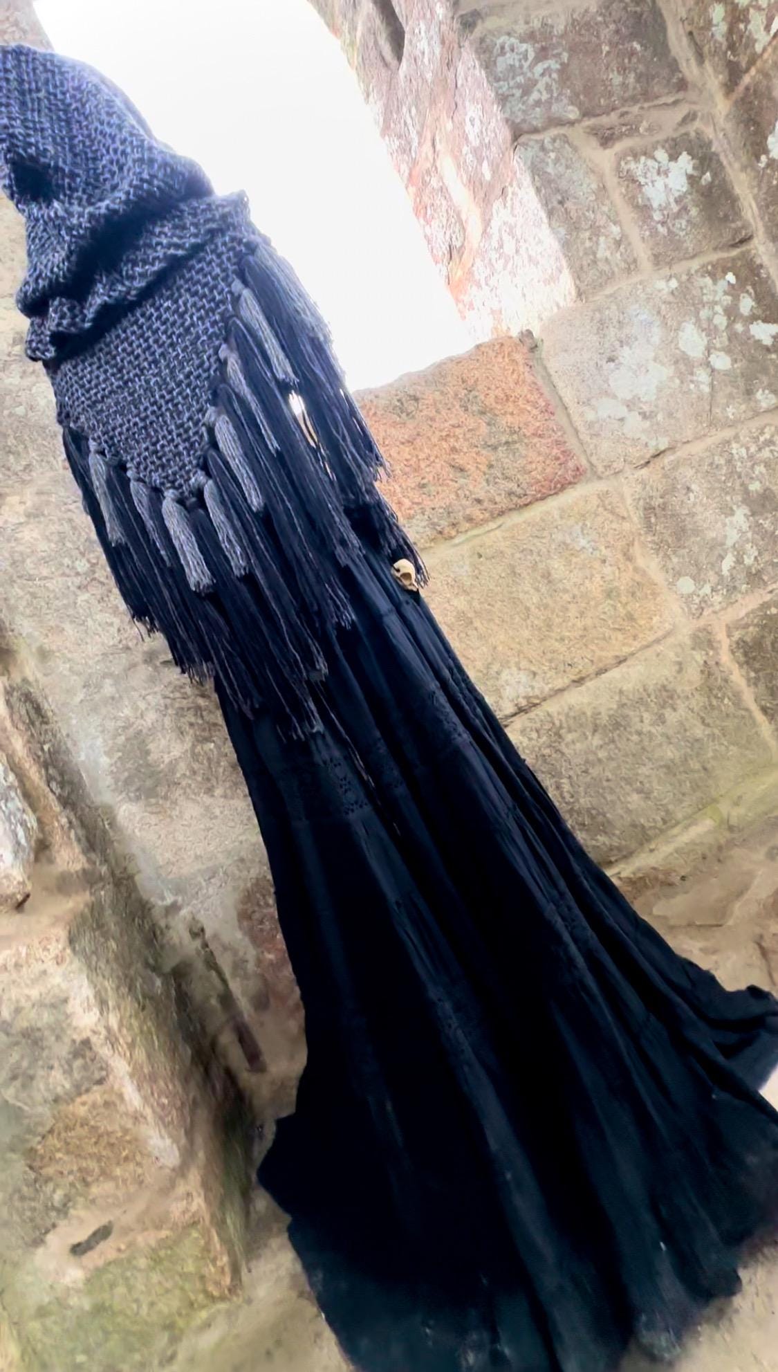 Custom order for Laura
Shaman Shawl  Corvus Corax Luna belt braided & Matching Norse Big Hood in the New Chunky style, Corvus Corax colors