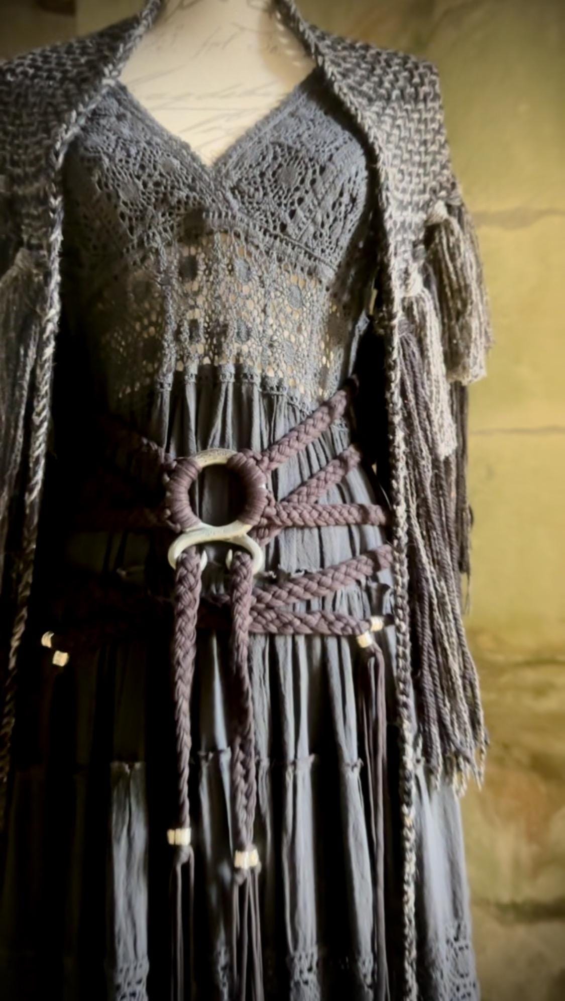 Custom order for Laura
Shaman Shawl  Corvus Corax Luna belt braided & Matching Norse Big Hood in the New Chunky style, Corvus Corax colors