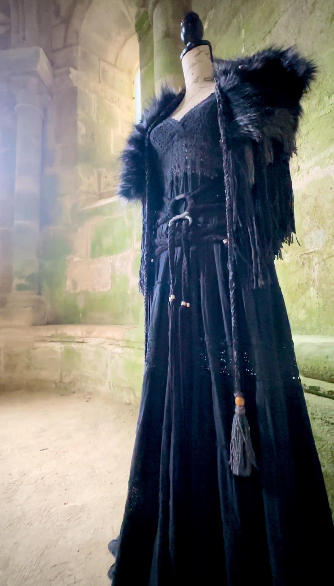 Custom order for Laura
Shaman Shawl  Corvus Corax Luna belt braided & Matching Norse Big Hood in the New Chunky style, Corvus Corax colors
