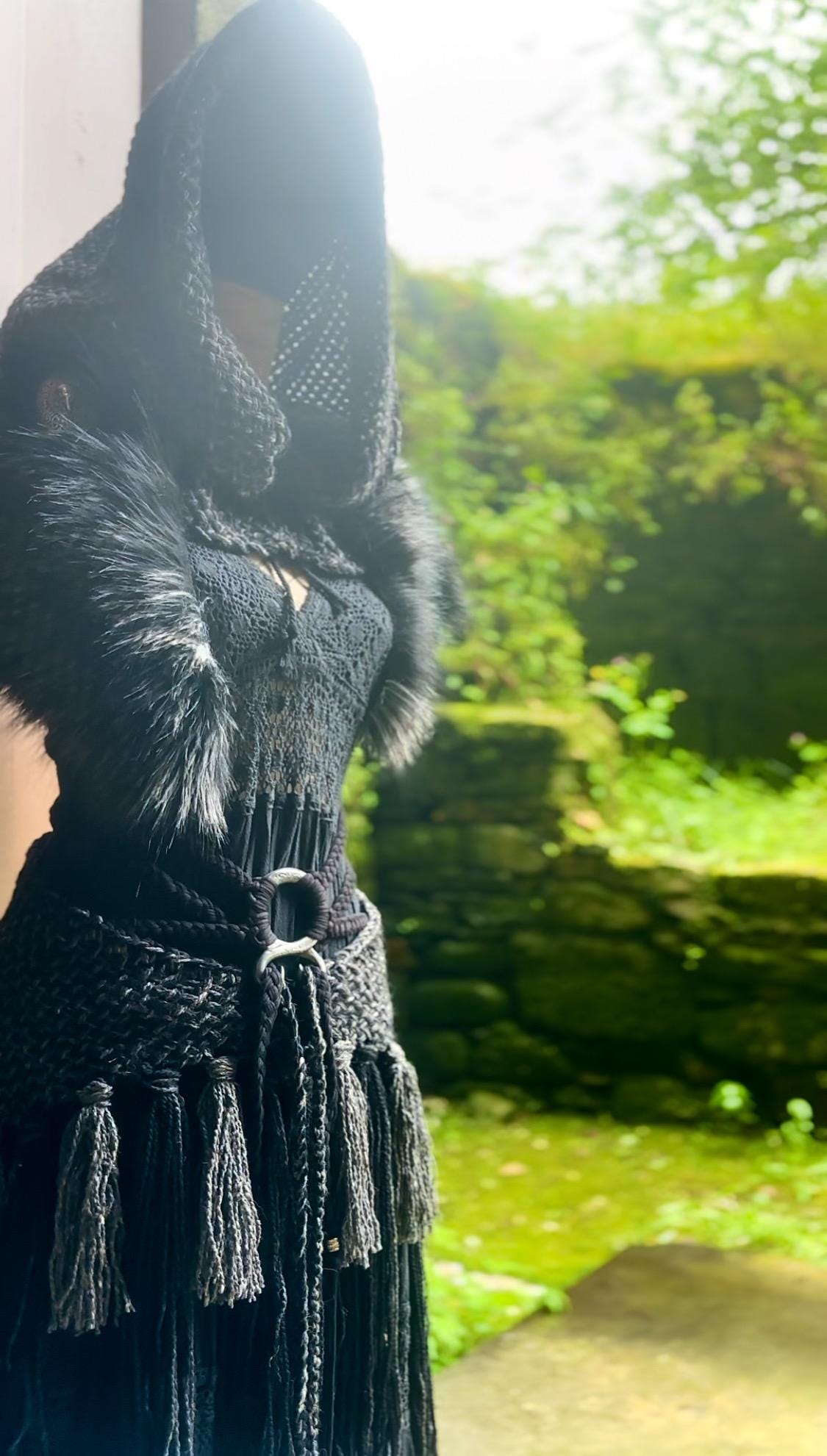 Custom order for Laura
Shaman Shawl  Corvus Corax Luna belt braided & Matching Norse Big Hood in the New Chunky style, Corvus Corax colors