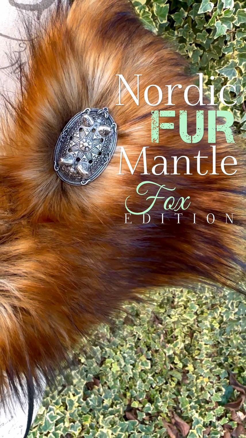 Red Fox Vegan Fur Viking Mantle, Celtic Wedding Shoulder Fur, Brooches & Chains