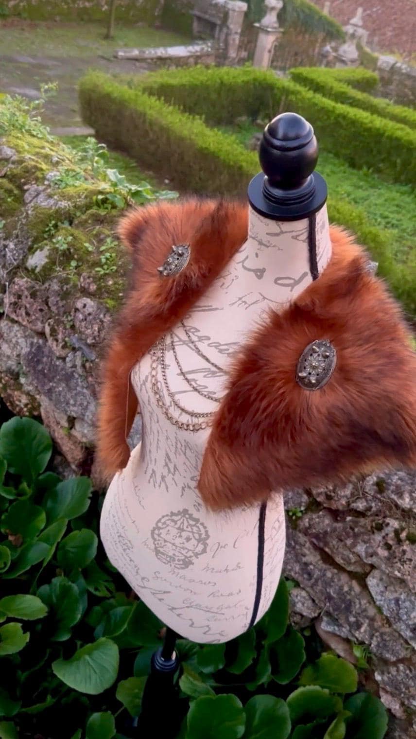 Red Fox Vegan Fur Viking Mantle, Celtic Wedding Shoulder Fur, Brooches & Chains