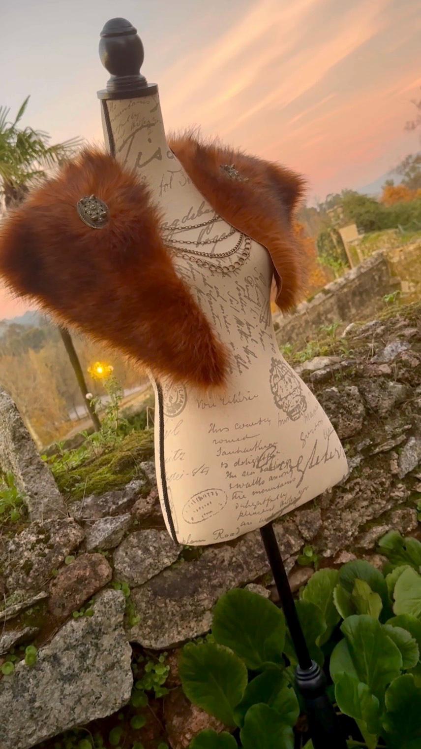 Red Fox Vegan Fur Viking Mantle, Celtic Wedding Shoulder Fur, Brooches & Chains