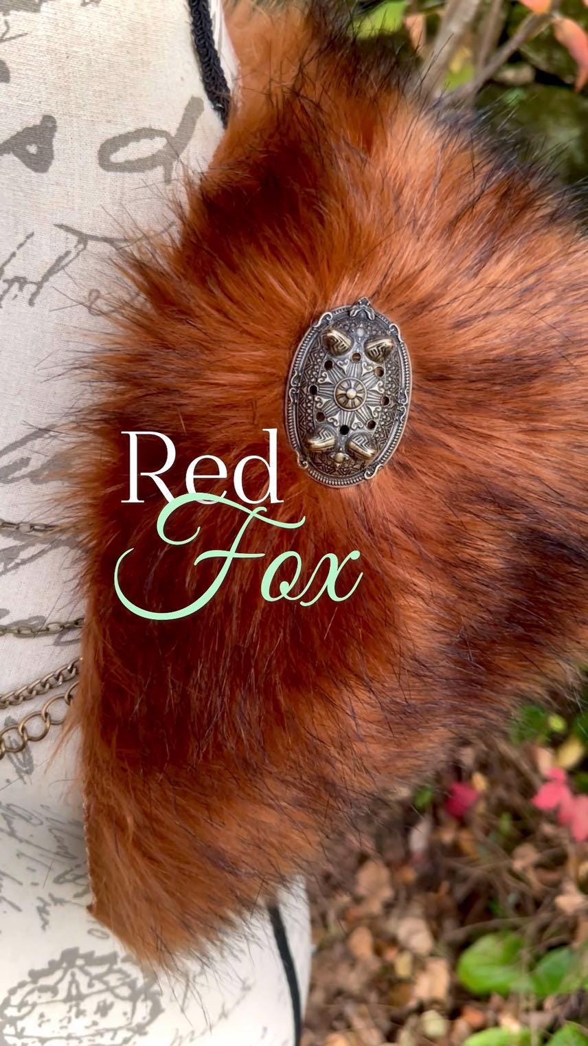 Red Fox Vegan Fur Viking Mantle, Celtic Wedding Shoulder Fur, Brooches & Chains
