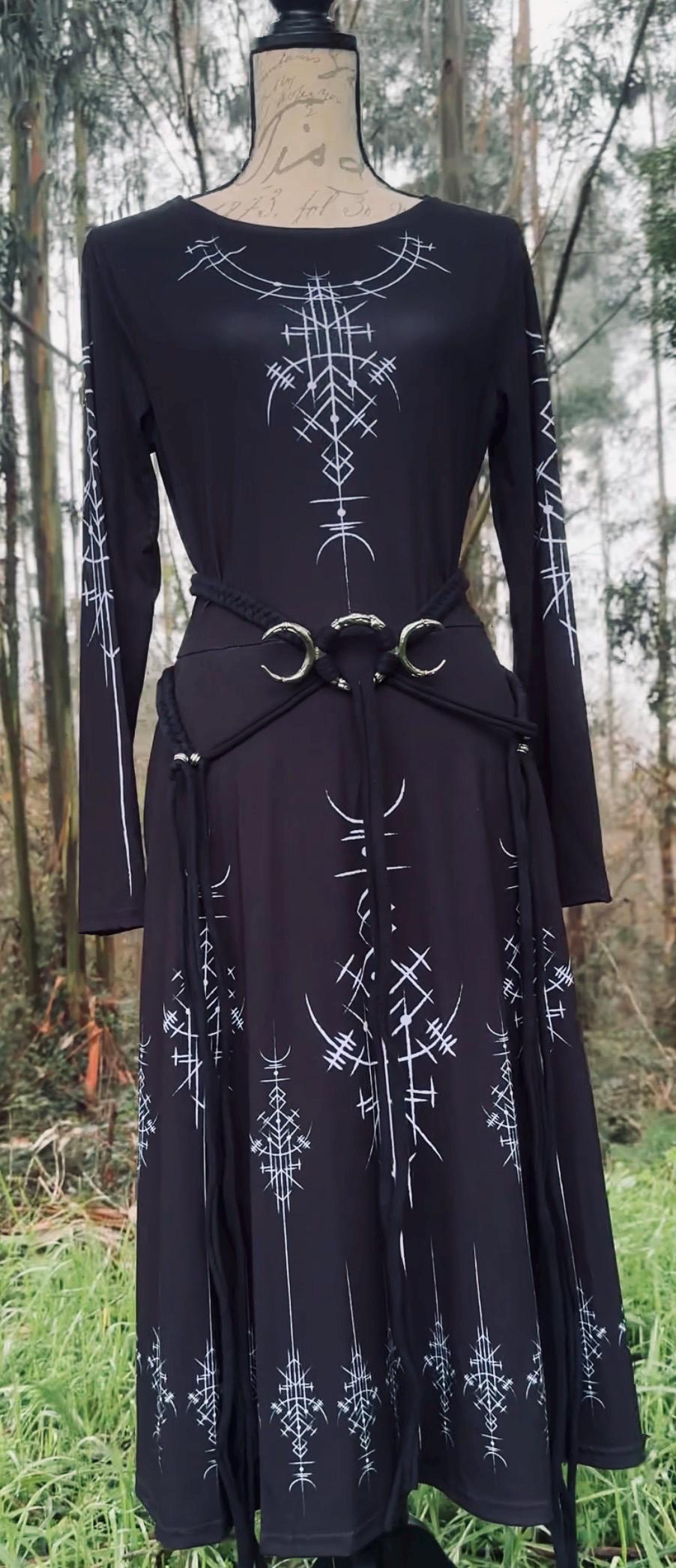 Norse Whisper Dress: Nordic Runes Dress, Long Sleeve, Midi Style