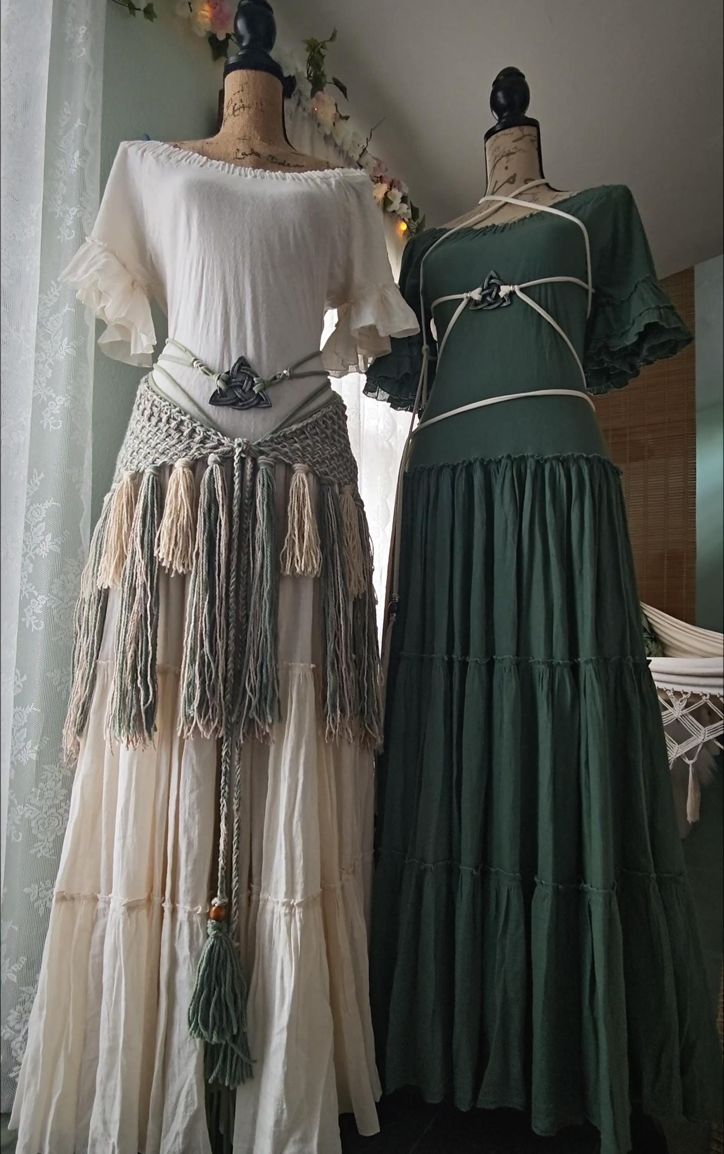 Handfasting Dress Set, Celtic Green Harness Belt & Shaman Shawl