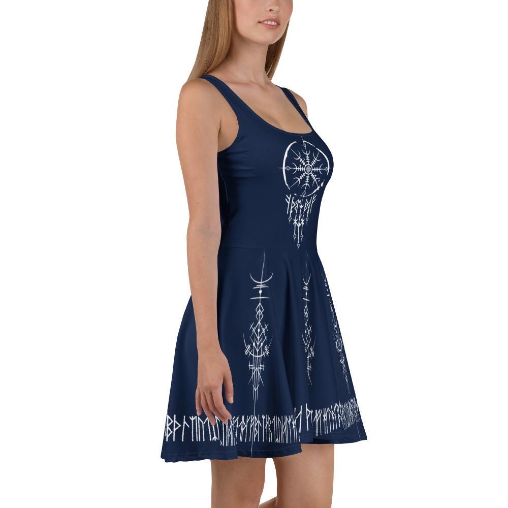 Norse Twilight Blue Dress: Viking Runes, Pagan Amulet