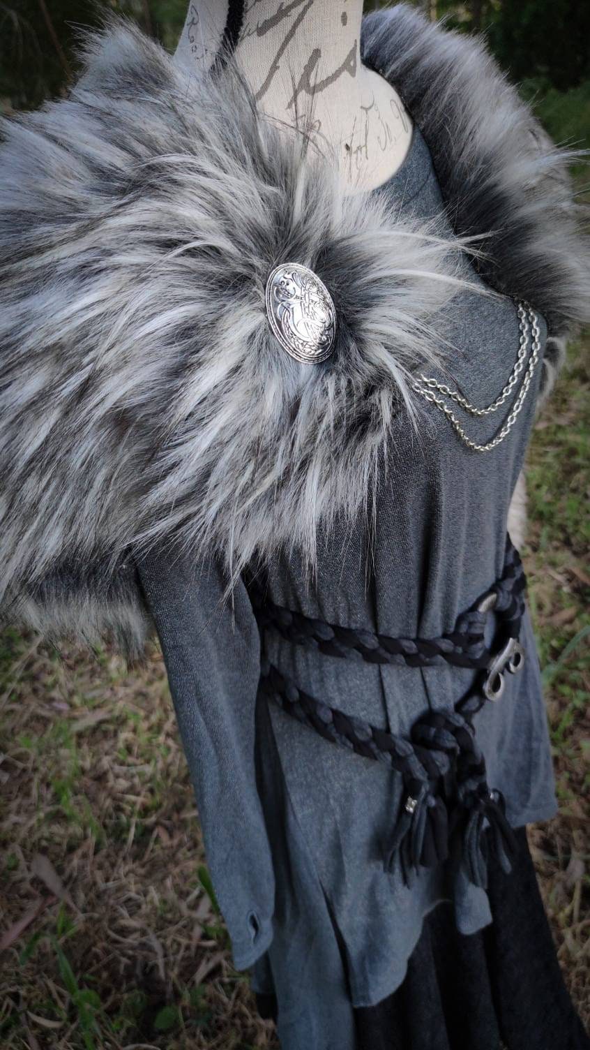 The Gray Wolf Vegan Fur Viking Mantle: Norse Wedding Shawl with Brooches