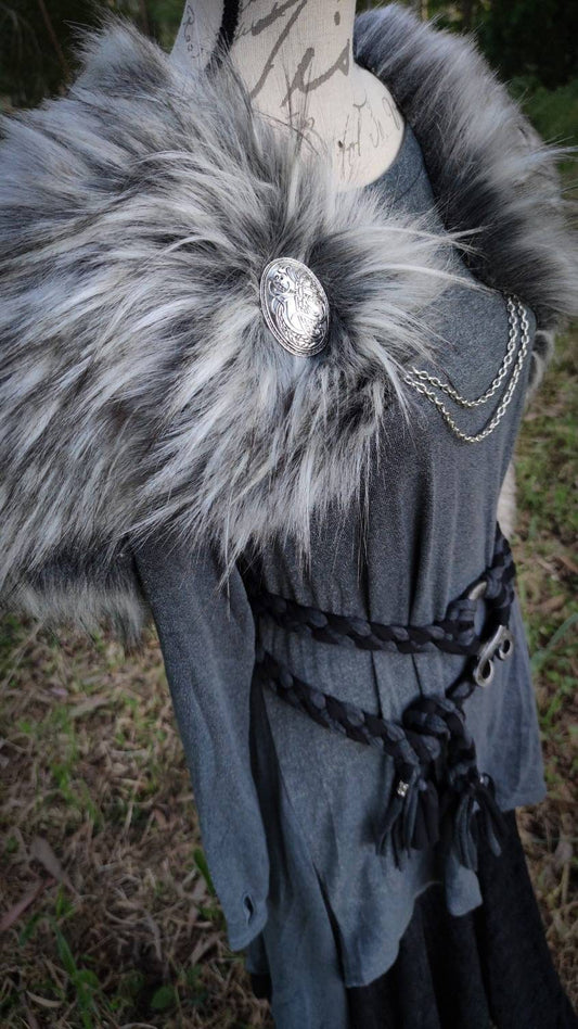 The Gray Wolf Vegan Fur Viking Mantle: Norse Wedding Shawl with Brooches