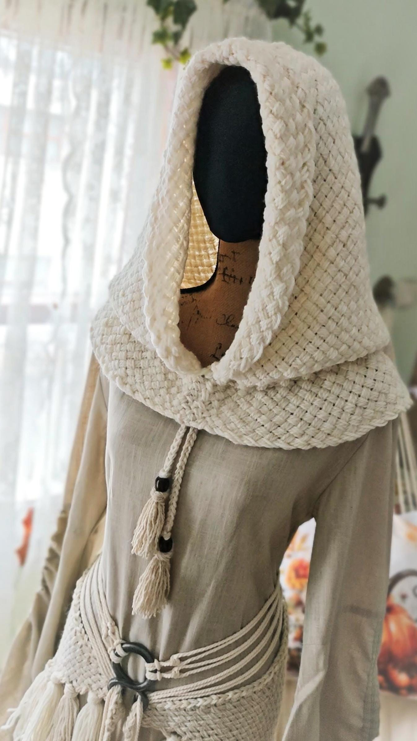 Handwoven Witch Whisper Set, Chunky Norse Hood, Linen Gown, Shaman Shawl