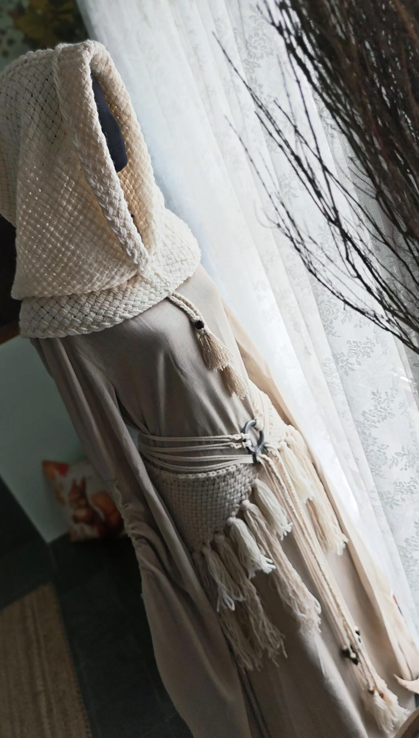 Handwoven Witch Whisper Set, Chunky Norse Hood, Linen Gown, Shaman Shawl