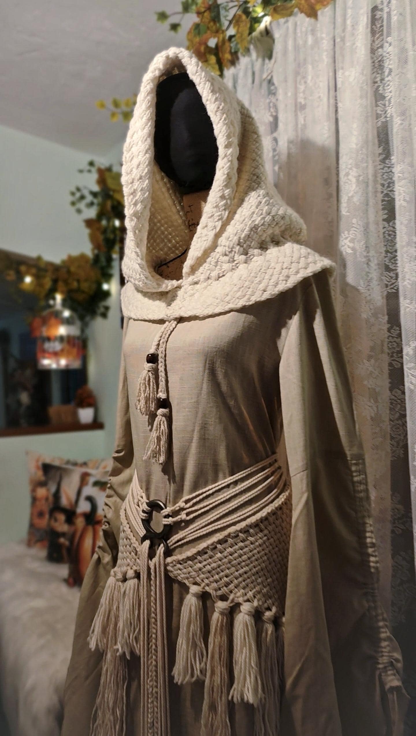 Handwoven Witch Whisper Set, Chunky Norse Hood, Linen Gown, Shaman Shawl