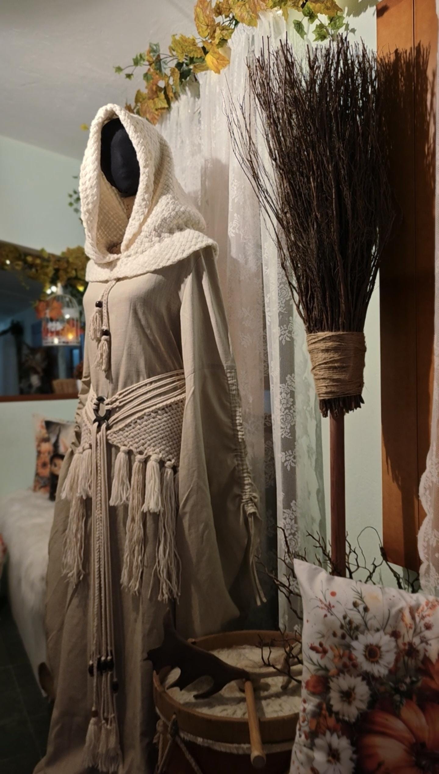 Handwoven Witch Whisper Set, Chunky Norse Hood, Linen Gown, Shaman Shawl