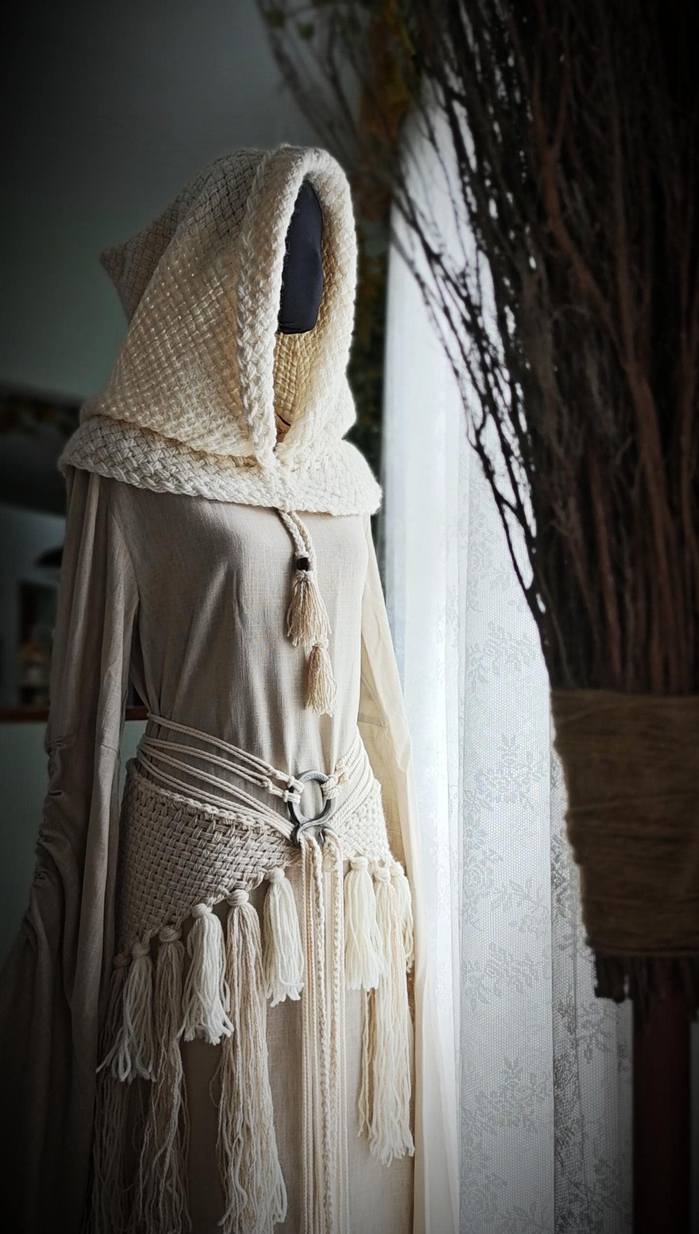 Handwoven Witch Whisper Set, Chunky Norse Hood, Linen Gown, Shaman Shawl