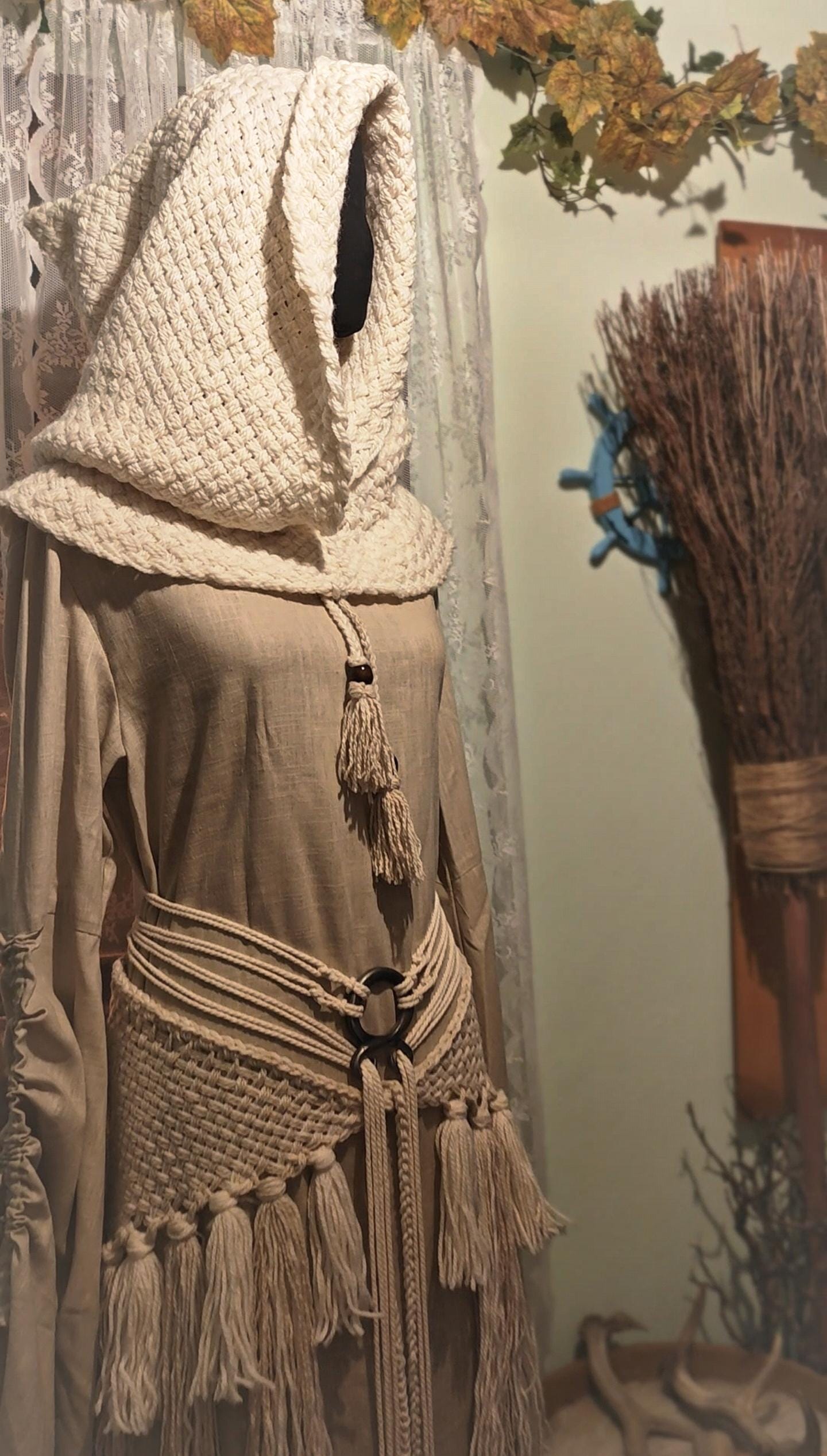 Handwoven Witch Whisper Set, Chunky Norse Hood, Linen Gown, Shaman Shawl