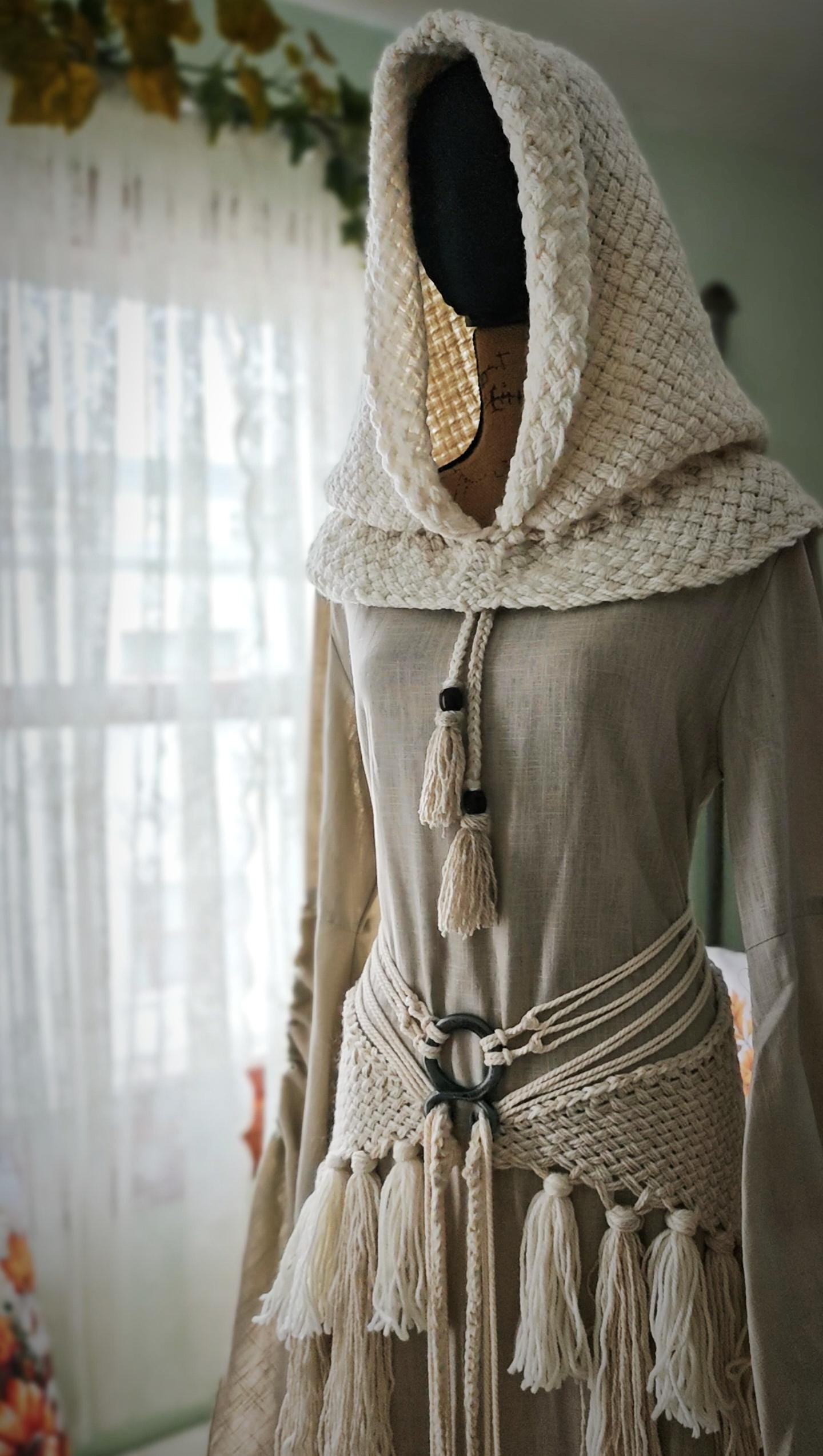 Handwoven Witch Whisper Set, Chunky Norse Hood, Linen Gown, Shaman Shawl