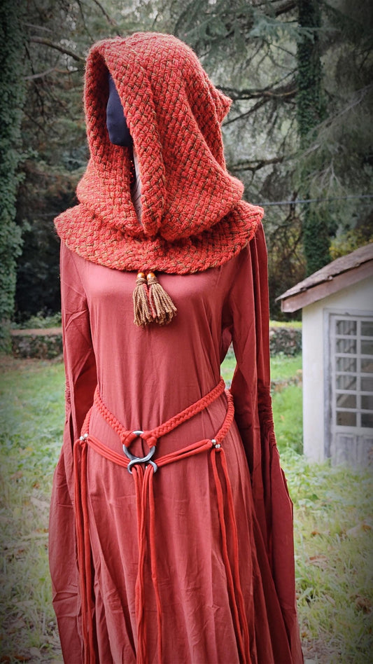 Handwoven Norse Hood, Linen Gown, Troll Cross Belt, Autumn Outfit