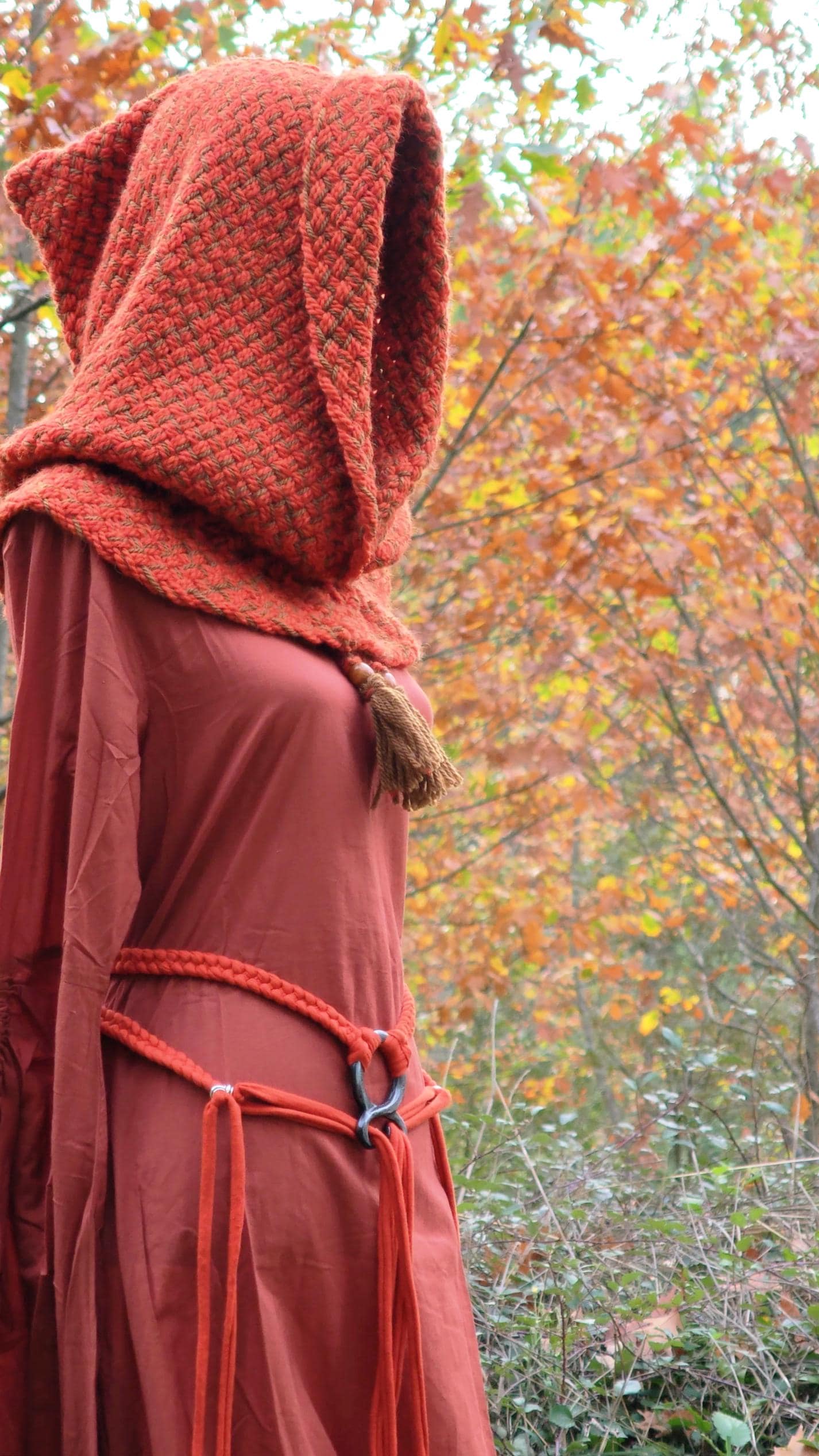 Handwoven Norse Hood, Linen Gown, Troll Cross Belt, Autumn Outfit