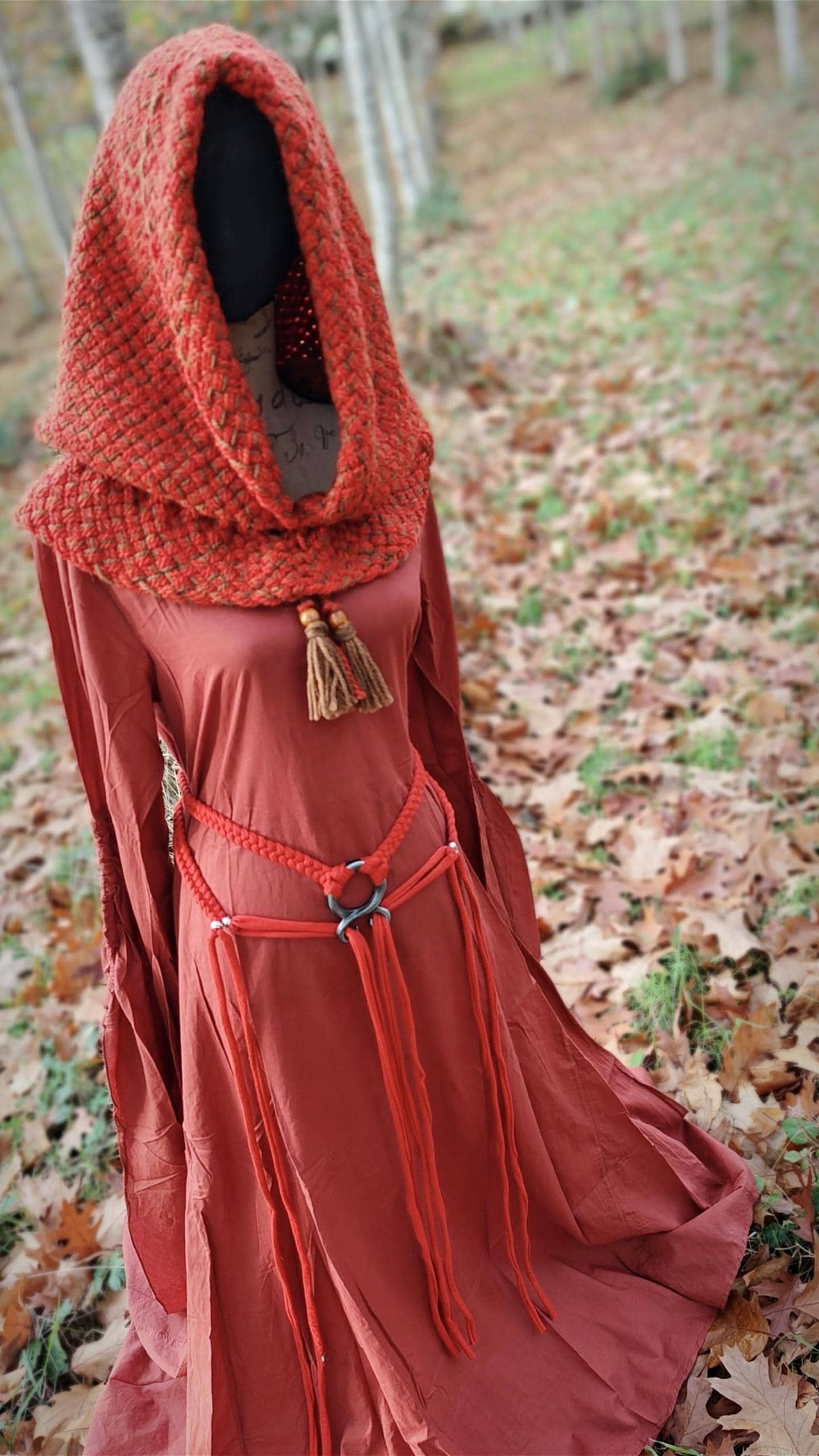 Handwoven Norse Hood, Linen Gown, Troll Cross Belt, Autumn Outfit